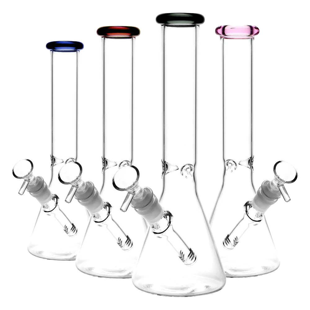 Assorted 11" Glass Beaker Water Pipes with color accented mouthpieces, 45-degree joints