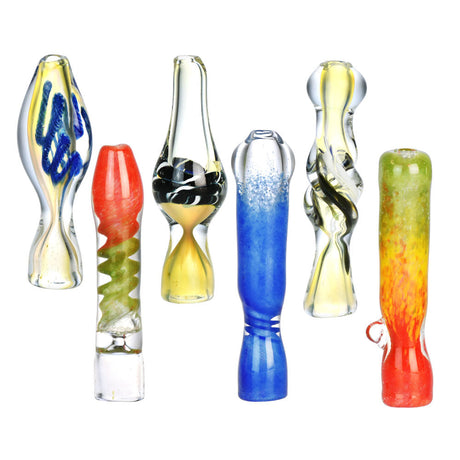 Assorted Glass Chillums Bundle, 3"-3.5" Handheld Borosilicate Pipes in Various Colors and Styles, Front View