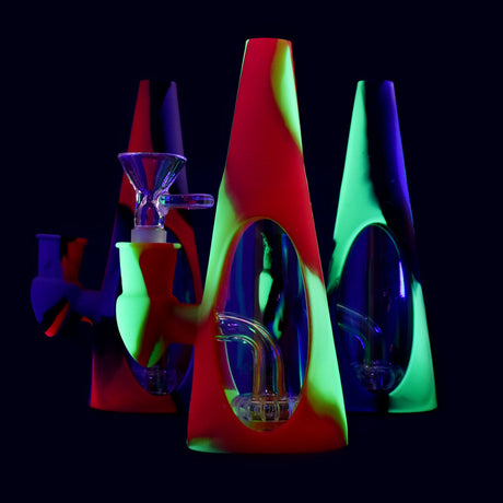 Sili-Cone Glass Cone Water Pipe with colorful silicone shell, 90-degree joint, front view