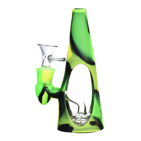 Sili-Cone Glass Cone Water Pipe with green and black silicone shell, 90-degree joint, front view
