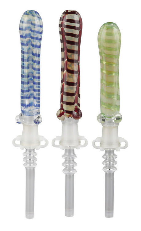 Assorted colors glass dab straws with quartz tips, 6.5" length, front view on white background