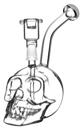 7" Glass Skull Waterpipe with 14mm Male Joint, Borosilicate Glass, Side View on White Background