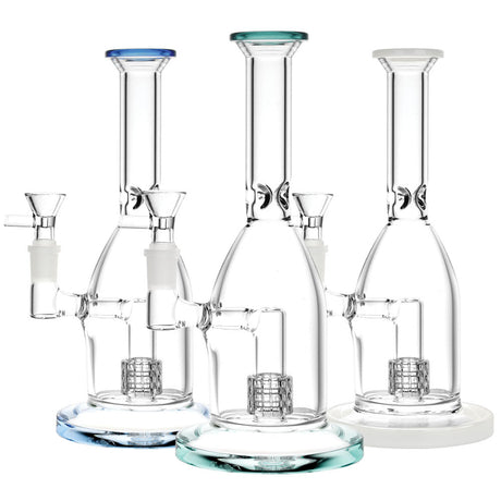 Three 9" Borosilicate Glass Water Pipes with Matrix Perc, 90 Degree Joint, Front View