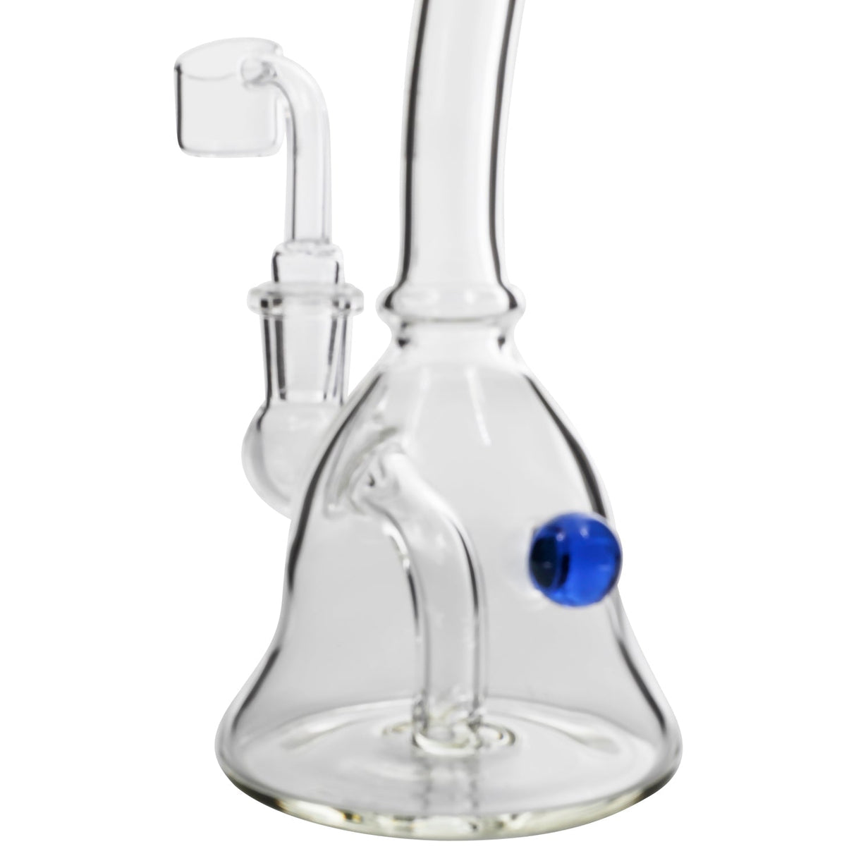 Glassic Bell Rig with blue marble accent, clear borosilicate glass, side view on white background