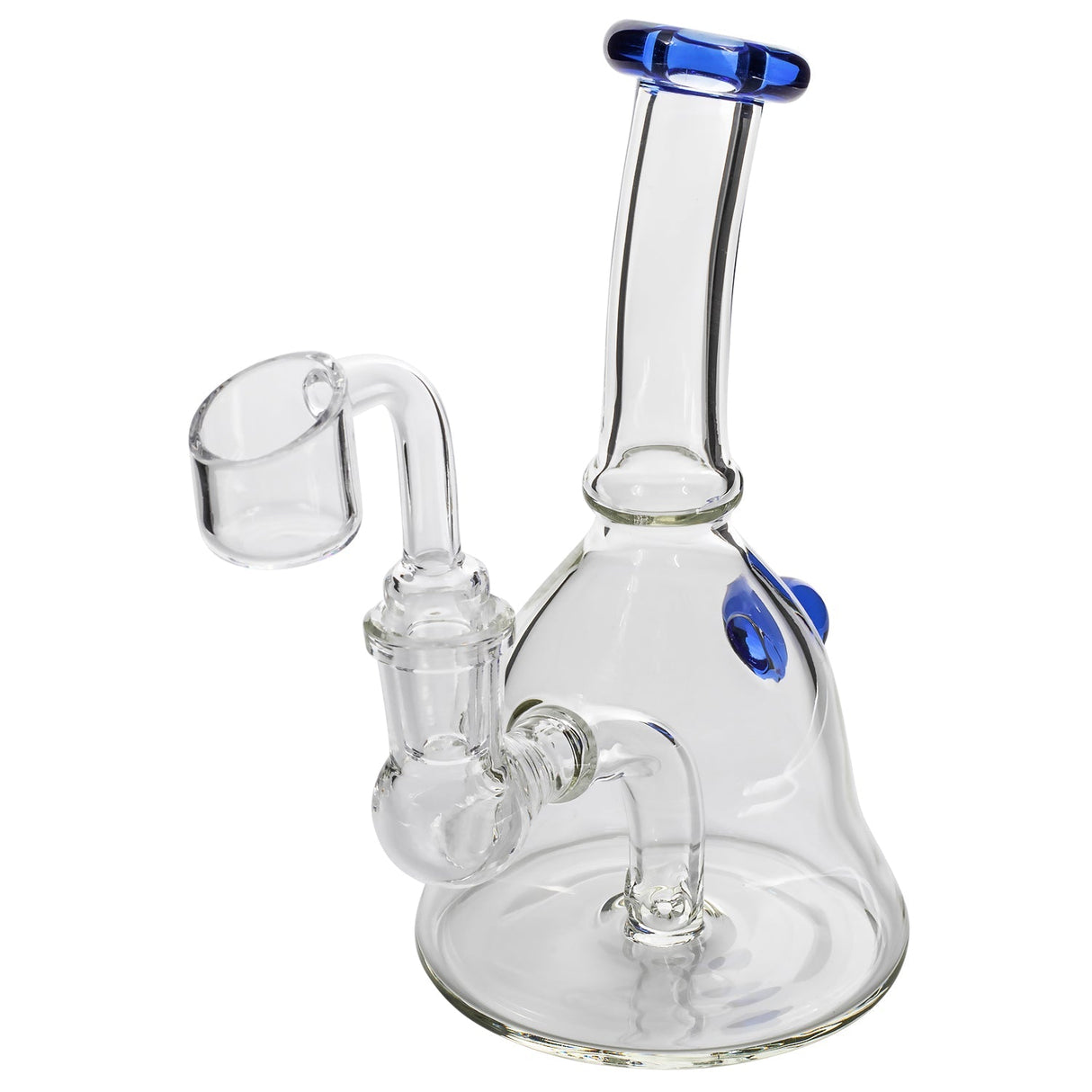 Glassic Bell Rig with blue accents and marble, clear borosilicate glass, side view on white background