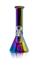 Glassic 8'' Iridescent Rainbow Beaker Bong with a deep bowl, front view on white background