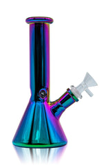 Glassic 8'' Iridescent Rainbow Beaker Bong with Pearlescent Purple Accents, Front View on White Background
