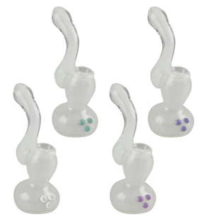 Glow in the Dark Borosilicate Glass Bubblers, 5" Height, for Dry Herbs - Front and Angle Views