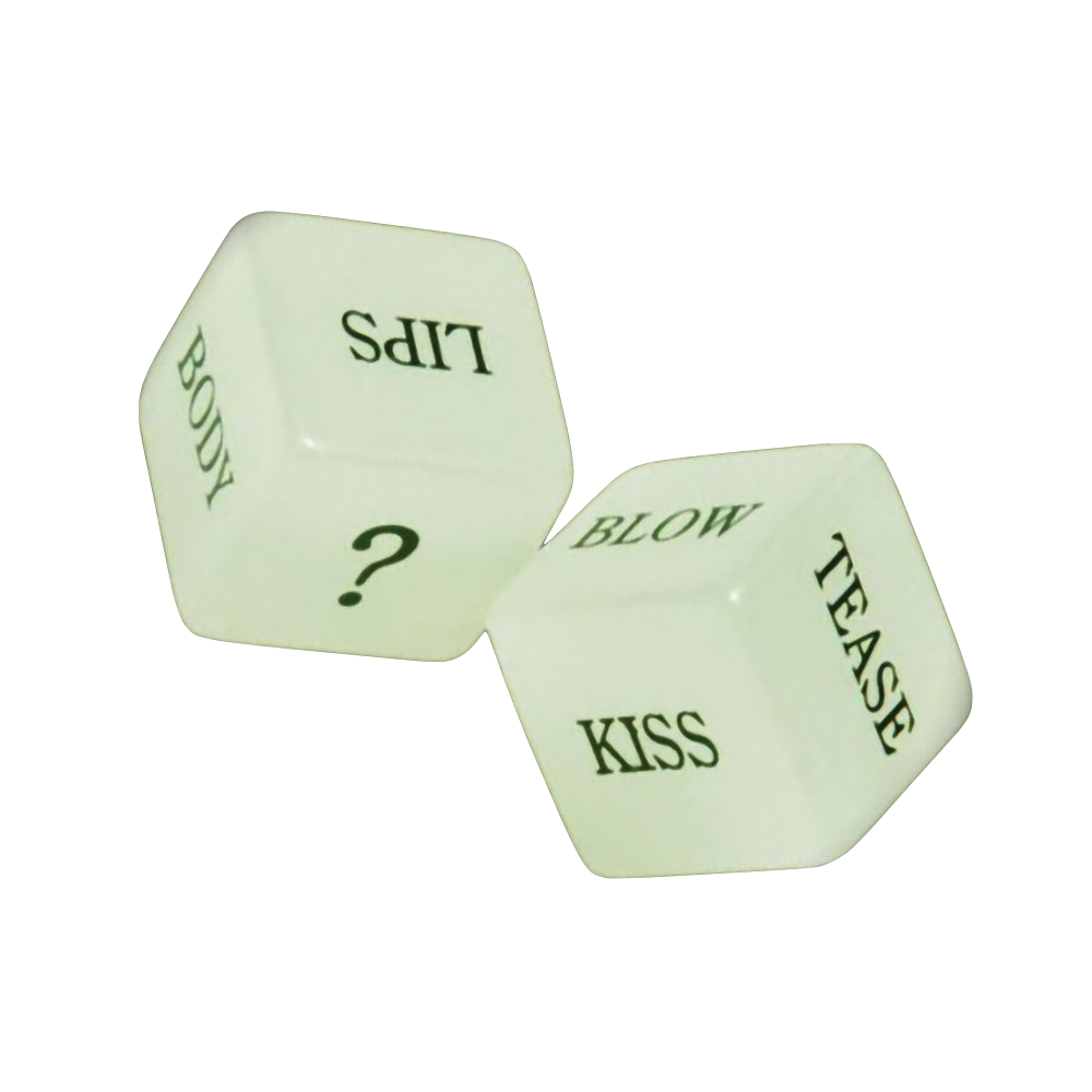 Glow Love Dice 2pc Set featuring romantic actions, front angle on white background