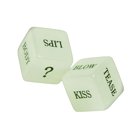 Glow Love Dice 2pc Set featuring romantic actions, front angle on white background