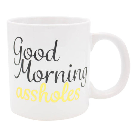 22oz Good Morning Assholes ceramic coffee mug with bold lettering, front view on white background
