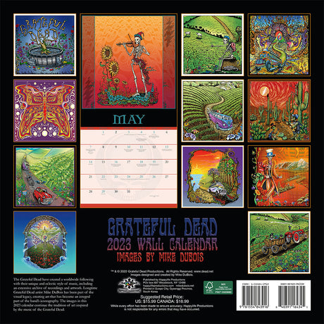 Grateful Dead 2023 Wall Calendar featuring vibrant artwork, front view with May page displayed