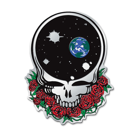 Grateful Dead "Space Your Face" Metal Sticker featuring skull with roses, front view
