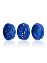 GRAV 3 Piece Aluminum Grinder in Blue, Compact Design with Sharp Teeth, Front View