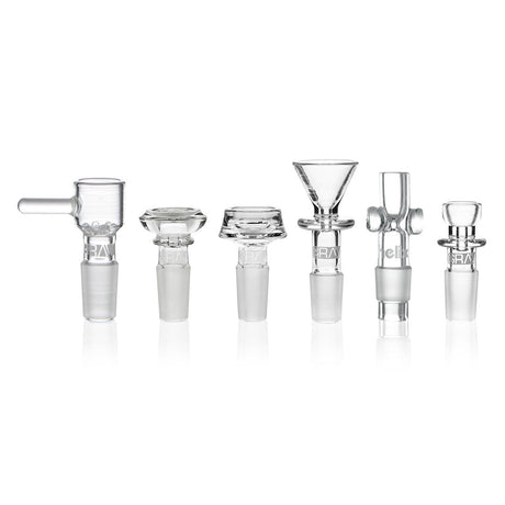 GRAV Bowl Bundle featuring clear borosilicate glass bong bowls and accessories, front view on white