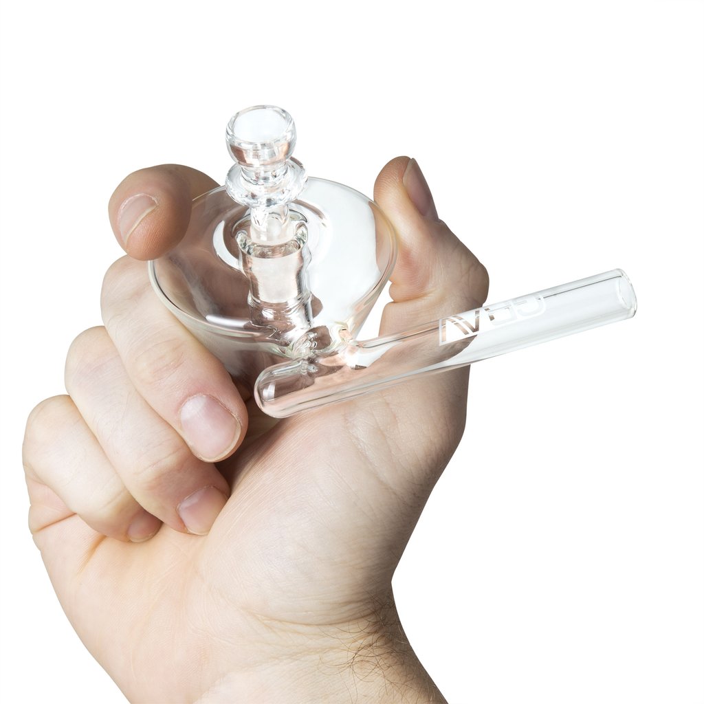 Hand holding GRAV Conical Pocket Bubbler, clear glass, 10mm female joint, for dry herbs and concentrates