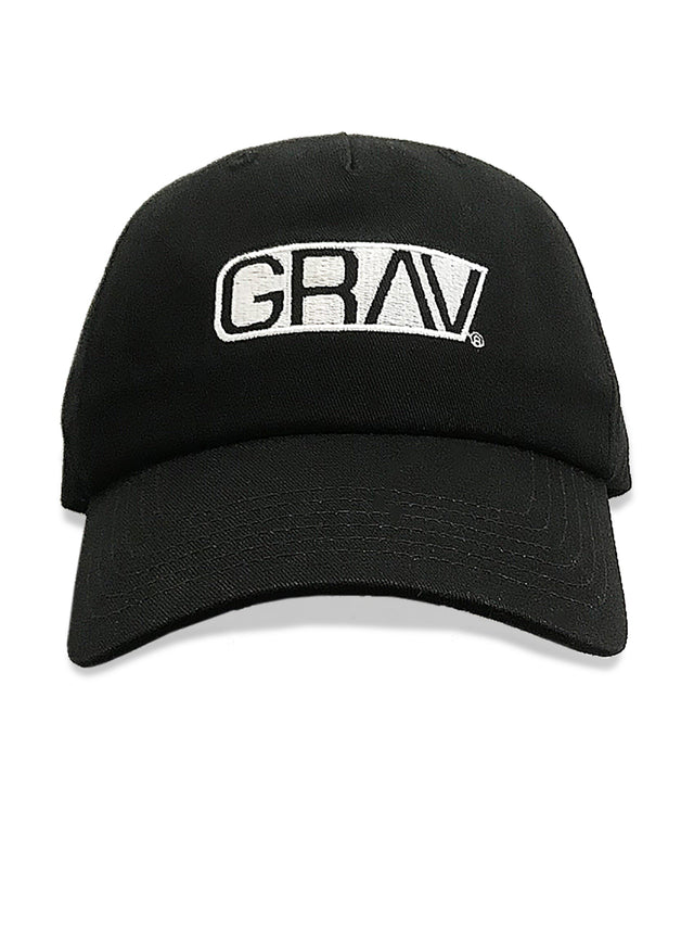 Front view of black GRAV Dad Hat made of cotton, featuring white GRAV logo on the front panel