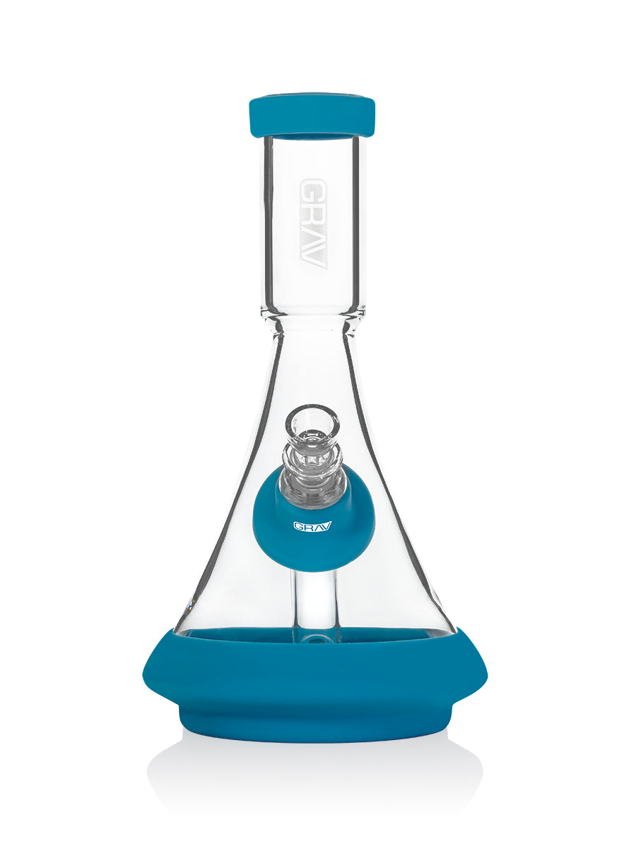GRAV Deco Beaker in Silicone with clear borosilicate glass and blue accents, front view on white background