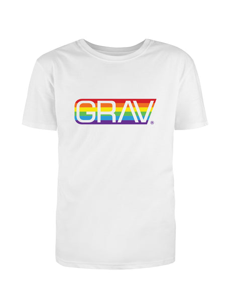Front view of white GRAV Gay Pride Logo T-shirt made of cotton, with rainbow-colored GRAV branding