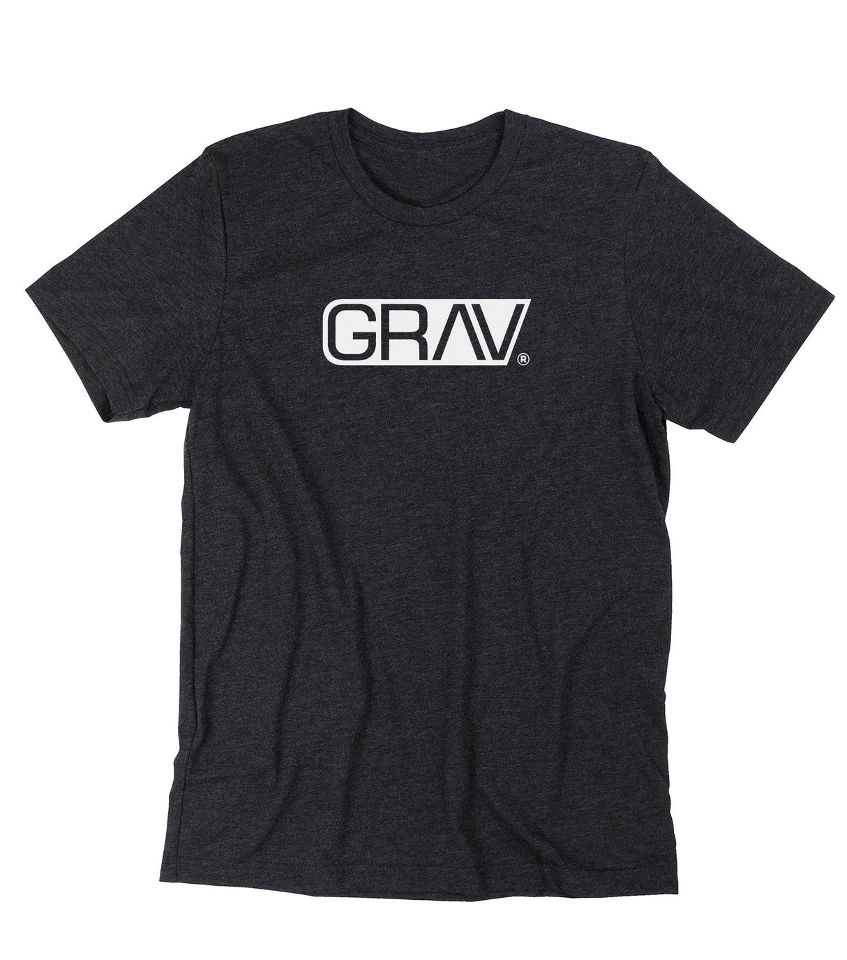 GRAV Heather Black Logo T-shirt front view on a seamless white background