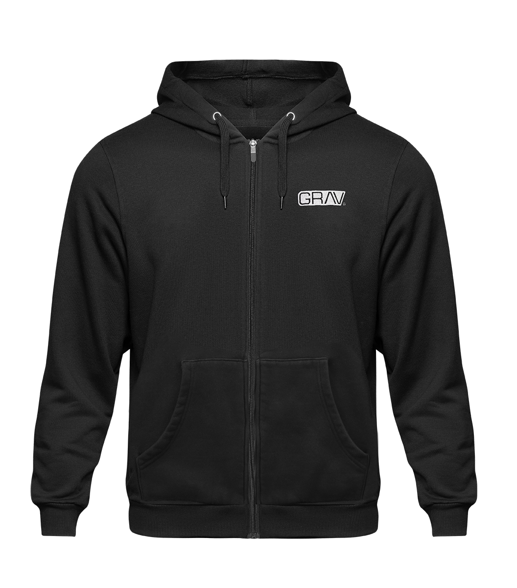 GRAV Hoodie in black with white logo, front view on seamless white background