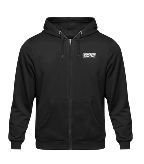 GRAV Hoodie in black with white logo, front view on seamless white background
