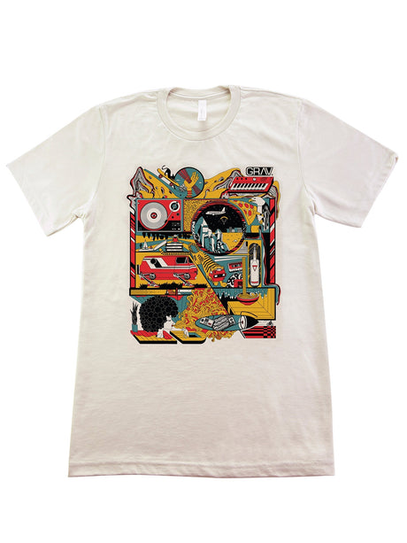GRAV Land T-shirt with colorful abstract design, front view on white background