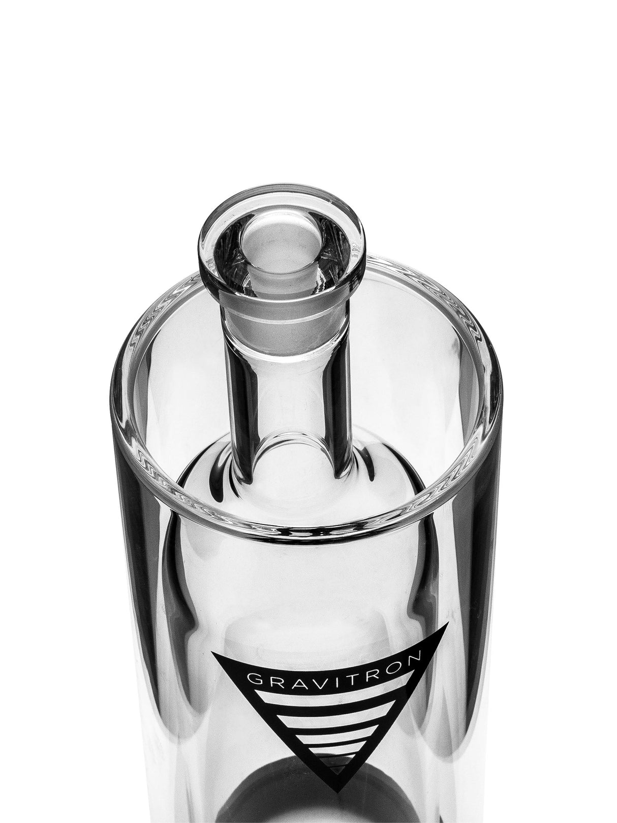Close-up of GRAV Medium Gravitron bong in clear borosilicate glass, 9" height, 14mm joint
