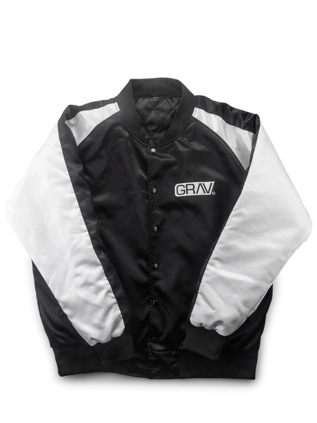 GRAV Satin Bomber Jacket in black and white with logo, front view on white background