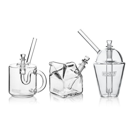 GRAV Sip Series Bundle in clear borosilicate glass, featuring beaker, bubble, and mug pipe designs