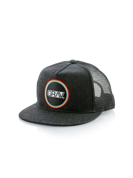GRAV Trucker Cap front view with black mesh back and iconic logo on the front panel