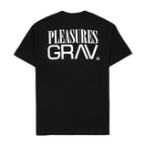 GRAV Working from Home T-Shirt in black with bold white PLEASURES logo on back view