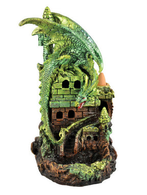 Polyresin Green Dragon Backflow Incense Burner with Intricate Castle Design - Front View