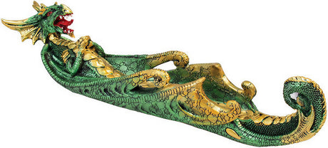 Green Dragon Incense Burner, 12" Polyresin, Intricate Detail, Side View