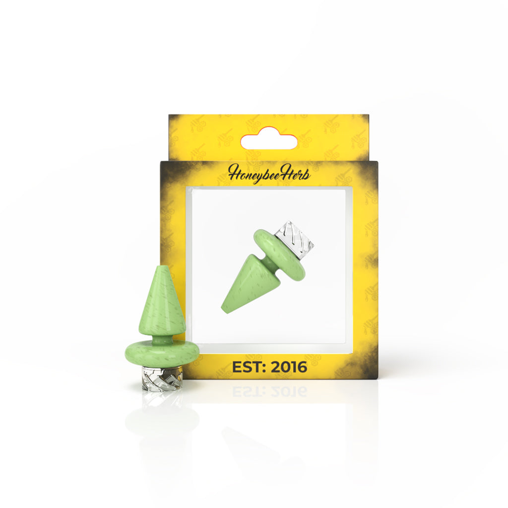 Honeybee Herb Triangle Spinner Carb Cap in Green for Dab Rigs, Front View on Retail Packaging