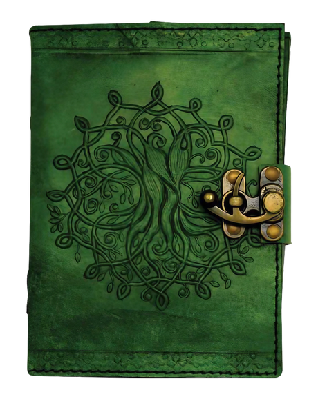 Green Tree of Life Mandala Leather Journal front view with embossed design