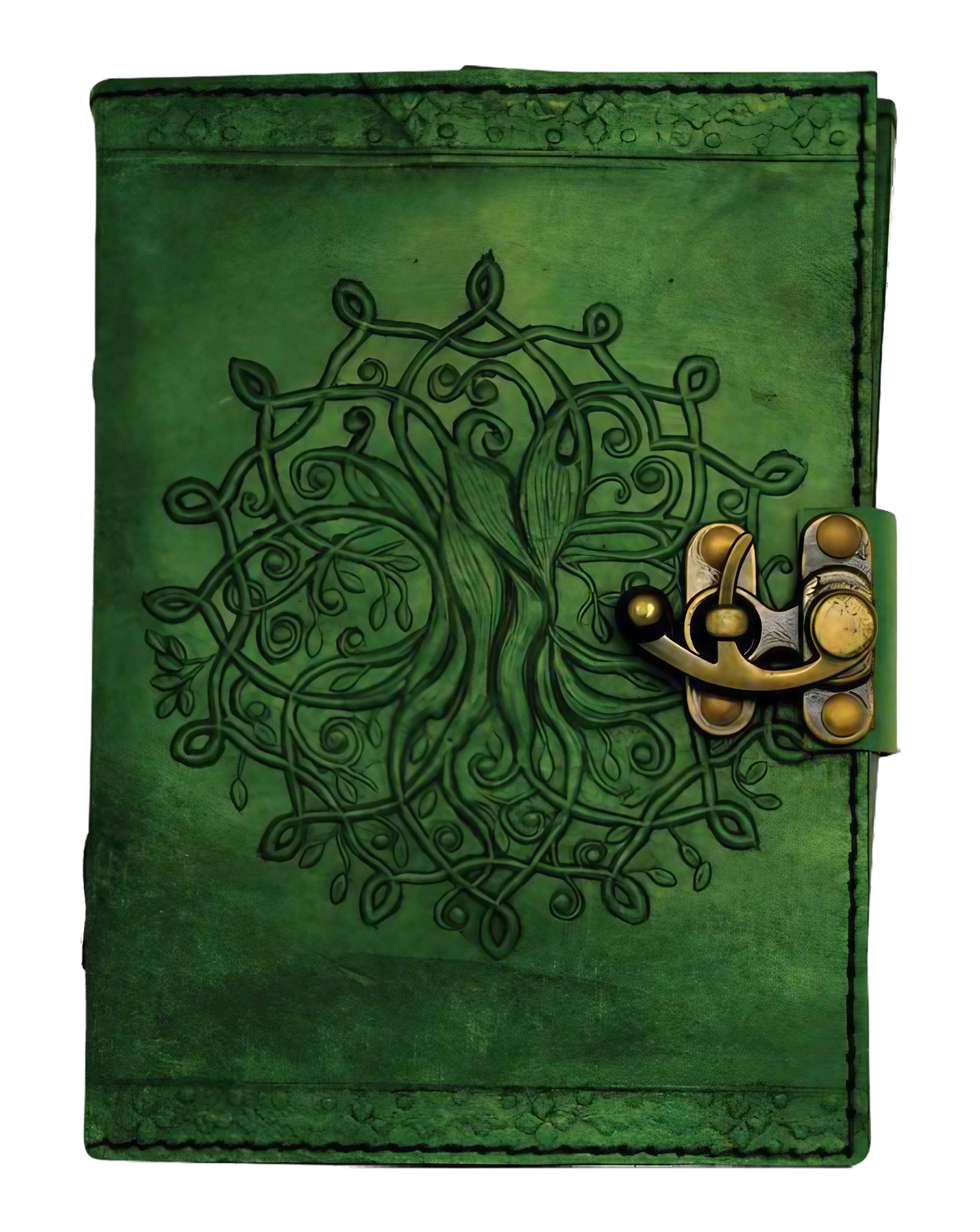 Green Tree of Life Mandala Leather Journal front view with embossed design