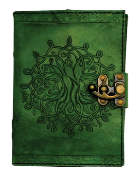 Green Tree of Life Mandala Leather Journal front view with embossed design