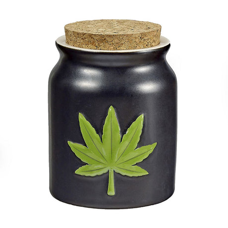 Fantasy Ceramic Novelty Stash Jar with Green Leaf Design and Cork Lid, Front View