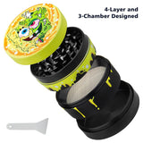 PILOT DIARY SpongeBob Grinder with 4-Layer and 3-Chamber Design, Angled View with Scraper