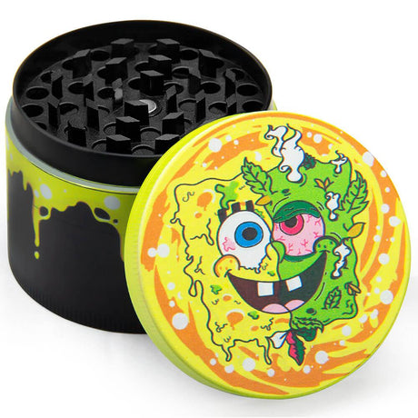 PILOT DIARY SpongeBob themed herb grinder with textured grip, top view on white background