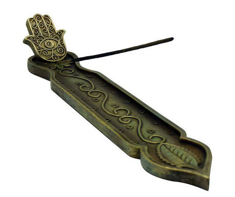 Polyresin Hamsa Hand Incense Burner with intricate designs, side view on white background