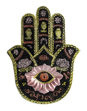 Black and gold polyresin Hamsa Hand incense burner with intricate designs, front view