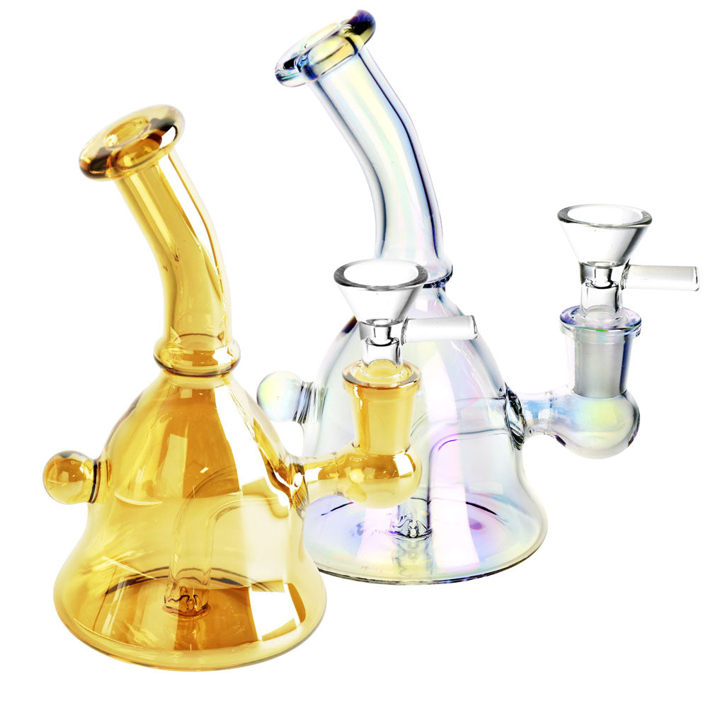 Handbell Iridescent Glass Water Pipe, 6.5" with 90 Degree Joint, Heavy Wall Borosilicate