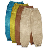 Assorted acid wash harem pants in blue, yellow, brown, and beige, unisex one size fits all