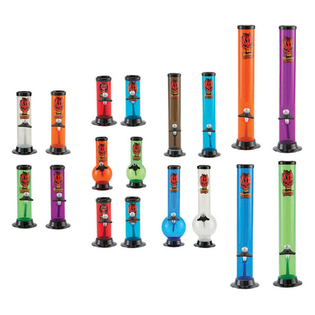 Assorted Headway Acrylic Pipes in multiple colors and sizes, displayed in rows on white background