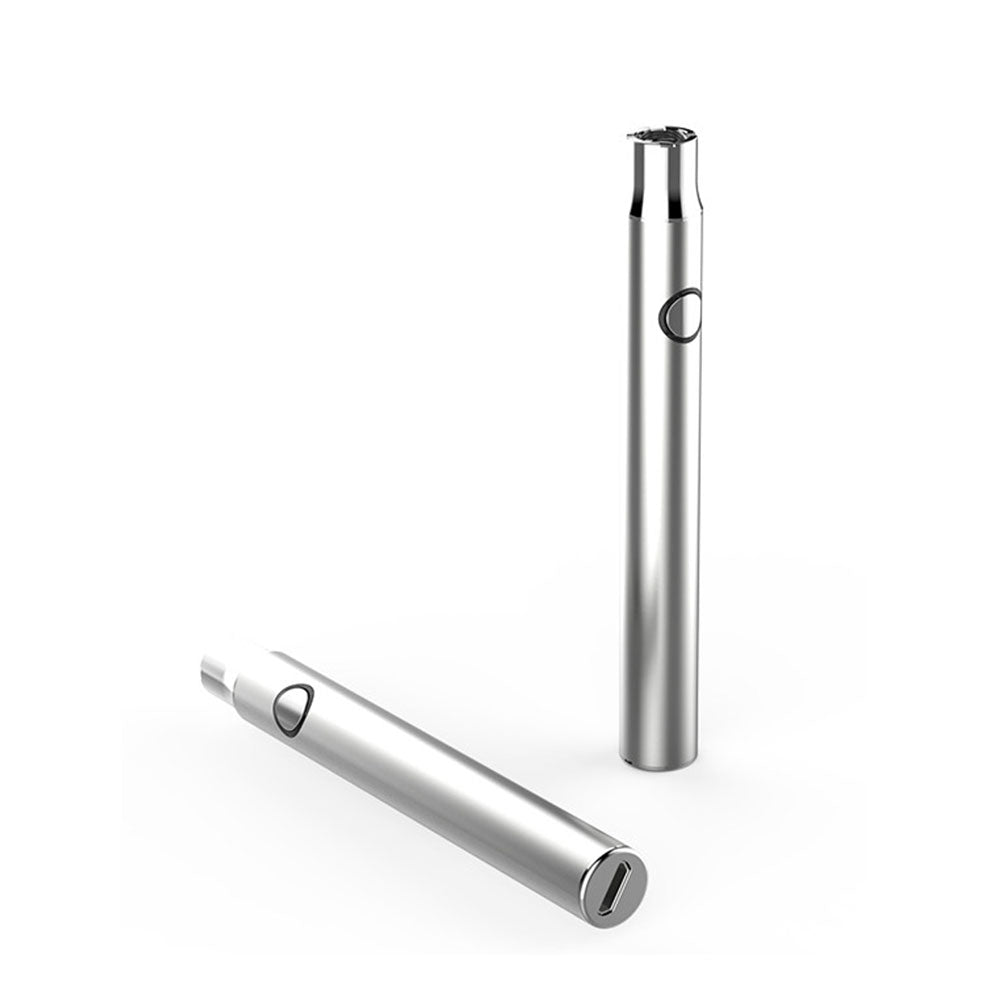 Helio Supply Dual Charge Vape Battery, sleek stainless steel, portable design, front and side view