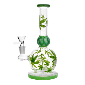 8.5" Hemp Leaf Ball Water Pipe with 14mm Joint, Front View on Seamless White Background