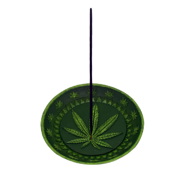 Polyresin Hemp Leaf Dish Incense Burner, 5" Diameter, Top View with Incense Stick