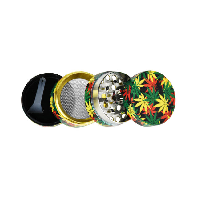 Assorted Hemp Leaf Aluminum Grinders - 12 Pack, 4-Part Design with Pollen Screen, Top View